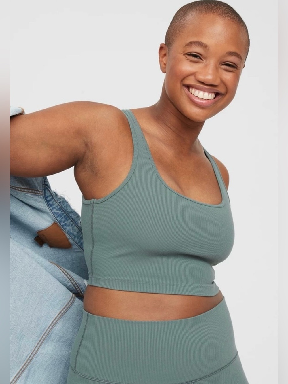 Aerie Ribbed Square-Neck Longline Sports Bra Royal Palm, size L, like new!
